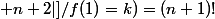 Card({f\in I_{[|1; n+2|]}/f(1)=k})=(n+1)!