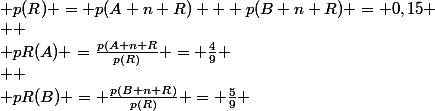  p(R) = p(A n R) + p(B n R) = 0,15
 \\ 
 \\ pR(A) =\frac{p(A n R}{p(R)} = \frac{4}{9}
 \\ 
 \\ pR(B) = \frac{p(B n R)}{p(R)} = \frac{5}{9} 