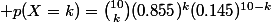  p(X=k)=\binom{10}{k}(\np{0.855})^k(\np{0.145})^{10-k}