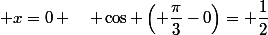  x=0 \quad \cos \left( \dfrac{\pi}{3}-0\right)= \dfrac{1}{2}