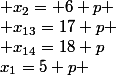 x_1=5+p ; x_2= 6+p ; \dots ; x_{13}=17+p ; x_{14}=18+p