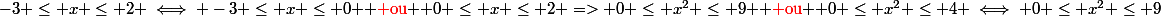 -3 \le x \le 2 \iff -3 \le x \le 0 $ {\red ou} $ 0 \le x \le 2 => 0 \le x^2 \le 9 $ {\red ou} $ 0 \le x^2 \le 4 \iff 0 \le x^2 \le 9