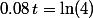 0.08\,t=\ln(4)