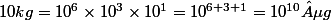 10kg=10^6\times10^3\times10^1=10^{6+3+1}=10^{10}µg