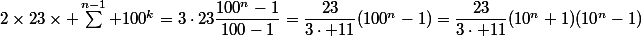 2\times23\times \sum^{n-1} 100^k=3\cdot23\dfrac{100^n-1}{100-1}=\dfrac{23}{3\cdot 11}(100^n-1)=\dfrac{23}{3\cdot 11}(10^n+1)(10^n-1)