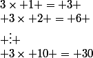 3\times 1 = 3
 \\ 3\times 2 = 6
 \\ \vdots
 \\ 3\times 10 = 30