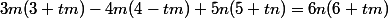 3m(3+tm)-4m(4-tm)+5n(5+tn)=6n(6+tm)
