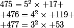 475=5^2\times 17
 \\ 476=4^2\times 119
 \\ 477=3^2\times 53