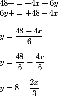 48 = 4x+6y\\6y = 48-4x\\\\y=\dfrac{48-4x}{6}\\\\y=\dfrac{48}{6}-\dfrac{4x}{6}\\\\y=8-\dfrac{2x}{3}