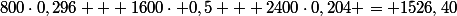 800\cdot0,296 + 1600\cdot 0,5 + 2400\cdot0,204 = 1526,40
