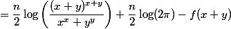 \begin{aligned}\dfrac{n}{2}\log\left(\dfrac{(x+y)^{x+y}}{x^x y^y}\right)+\dfrac{n}{2}\log(2\pi)-f(x+y)&+\dfrac{1}{24}\left[\dfrac{x^2+y^2}{xy(x+y)}-1\right]\dfrac{n}{2}&-\dfrac{1}{720}\left[\dfrac{2x^3+3x^2y+3xy^2+2y^3}{x^2y^2(x+y)}+\dfrac{1}{(x+y)^3}\right]\dfrac{n}{2}+\dfrac{1}{25200}\left[\dfrac{6x^5+15x^4y+20x^3y^2+15x^2y^3+6xy^4}{x^4y^4(x+y)}+\dfrac{1}{(x+y)^5}\right]\dfrac{n}{2}+\cdots&=\dfrac{n}{2}\log\left(\dfrac{(x+y)^{x+y}}{x^x y^y}\right)+\dfrac{n}{2}\log(2\pi)-f(x+y)&+\dfrac{1}{24}\left[\dfrac{x^2+y^2}{xy(x+y)}-\dfrac{1}{12}\left(\dfrac{x^2+y^2}{xy(x+y)}-1\right)\right]\dfrac{n}{2}&-\dfrac{1}{720}\left[\dfrac{2x^3+3x^2y+3xy^2+2y^3}{x^2y^2(x+y)}+\dfrac{1}{(x+y)^3}-\dfrac{1}{120}\left(\dfrac{2x^3+3x^2y+3xy^2+2y^3}{x^2y^2(x+y)}-\dfrac{7}{4}\right)\right]\dfrac{n}{2}+\cdots\end{aligned}