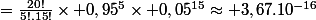 =\frac{20!}{5!.15!}\times 0,95^5\times 0,05^{15}\approx 3,67.10^{-16}