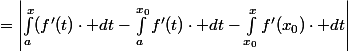 \begin{array}{ll}|f(x)-f(x_0)-(x-x_0)f'(x_0)|&=\left|\int_a^x(f'(t)\cdot dt-\int_a^{x_0}f'(t)\cdot dt-\int_{x_0}^xf'(x_0)\cdot dt\right|\\\\&\le\int_{x_0}^{x}|f'(t)+f'(x_0)|\cdot dt=\int_{x_0}^{x_0+\gamma}2\sup f'\cdot dt+\int^{x}_{x_0+\gamma}\varepsilon\cdot dt\qquad \delta>\gamma>0\\\\&\le 2\gamma \sup f'+(x-(x_0+\gamma))\varepsilon\underset{\gamma \to 0}{\longrightarrow }|x-x_0|\varepsilon\end{array}