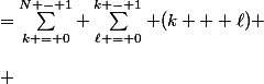 \begin{aligned} \sum\limits_{0 \le \ell < k \le N - 1} (k + \ell) &=\sum\limits^{N - 1}_{k = 0} \sum\limits^{k - 1}_{\ell = 0} (k + \ell) \\\\ &= \sum\limits^{N - 1}_{k = 0}\left(\sum\limits^{k - 1}_{\ell = 0} k + \sum\limits^{k - 1}_{\ell = 0} \ell\right) \\\\ &= \sum\limits^{N - 1}_{k = 0}\left(k(k - 1) + \dfrac{k(k - 1)}{2}\right) \\\\ &= \dfrac{3}{2} \sum\limits^{N - 1}_{k = 0} k^2 - \dfrac{3}{2}\sum\limits^{N - 1}_{k = 0} k \\\\ &= \dfrac{N(N - 1)(2N - 1)}{4} - \dfrac{N(N - 1)}{4} \\\\ &= \dfrac{N(N - 1)^2}{2} \end{aligned}