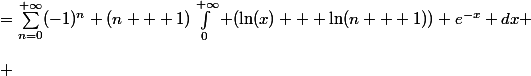 \begin{aligned}\int_0^{+\infty}\dfrac{\ln(x)}{1+e^x}dx = \int_0^{+\infty}\dfrac{\ln(x)e^{-x}}{1+e^{-x}}dx = -\dfrac{\ln^2(2)}{2} \end{aligned}\\\
 \\ \text{Or } \dfrac{1}{1+e^{-x}}=\sum_{n=0}^{+\infty}(-1)^ne^{-nx} \\\
 \\ \begin{aligned}\int_0^{+\infty}\dfrac{\ln(x)}{1+e^x}dx = \int_0^{+\infty} \ln(x)\sum_{n=0}^{+\infty}(-1)^ne^{-(n + 1)x} dx\end{aligned} \\\
 \\ \text{Posons } x \longmapsto (n + 1)x, \text{ d'aprs la convergence domine, on a : }\\\
 \\ \begin{aligned}  \int_0^{+\infty} \ln(x)\sum_{n=0}^{+\infty}(-1)^ne^{-(n + 1)x} dx &=\sum_{n=0}^{+\infty}(-1)^n (n + 1)\int_0^{+\infty} (\ln(x) + \ln(n + 1)) e^{-x} dx \\\
 \\ &= \sum_{n=0}^{+\infty}(-1)^n (n + 1)(\ln(n + 1) - \gamma) \end{aligned} \\\
 \\ \text{Lorsque } n \text{ varie de } 0 \text{  } + \infty, n + 1 \text{ aussi varie de } 0 \text{  } + \infty, \\\
 \\ 
 \\ \begin{aligned}\Longrightarrow \sum_{n=0}^{+\infty}(-1)^n (n + 1)(\ln(n + 1) - \gamma) &= \sum_{n=0}^{+\infty}(-1)^n n(\ln(n) - \gamma) \\\
 \\ &= \sum_{n=0}^{+\infty}(-1)^n n \ln(n) - \sum_{n=0}^{+\infty}(-1)^n n \gamma\end{aligned} \\\
 \\ \sum_{n=0}^{+\infty}(-1)^n n \ln(n) - \sum_{n=0}^{+\infty}(-1)^n n \gamma = -\dfrac{\ln^2(2)}{2} \\\
 \\ \sum_{n=0}^{+\infty}(-1)^n \dfrac{\ln(n)}{n} - \gamma \sum_{n=0}^{+\infty}\dfrac{(-1)^n}{n} = \lim_{n \longmapto +\infty} -\dfrac{\ln^2(2)}{2n^2} = 0 \\\
 \\ \sum_{n=0}^{+\infty}(-1)^n\dfrac{\ln(n)}{n} = \gamma \ln(2)