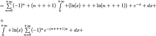 \begin{aligned}\int_0^{+\infty}\dfrac{\ln(x)}{1+e^x}dx = \int_0^{+\infty}\dfrac{\ln(x)e^{-x}}{1+e^{-x}}dx = -\dfrac{\ln^2(2)}{2} \end{aligned}\\\ \\ \text{Or } \dfrac{1}{1+e^{-x}}=\sum_{n=0}^{+\infty}(-1)^ne^{-nx} \\\ \\ \begin{aligned}\int_0^{+\infty}\dfrac{\ln(x)}{1+e^x}dx = \int_0^{+\infty} \ln(x)\sum_{n=0}^{+\infty}(-1)^ne^{-(n + 1)x} dx\end{aligned} \\\ \\ \text{Posons } x \longmapsto (n + 1)x, \text{ d'apr�s la convergence domin�e, on a : }\\\ \\ \begin{aligned}&nbsp;&nbsp;\int_0^{+\infty} \ln(x)\sum_{n=0}^{+\infty}(-1)^ne^{-(n + 1)x} dx &=\sum_{n=0}^{+\infty}(-1)^n (n + 1)\int_0^{+\infty} (\ln(x) + \ln(n + 1)) e^{-x} dx \\\ \\ &= \sum_{n=0}^{+\infty}(-1)^n (n + 1)(\ln(n + 1) - \gamma) \end{aligned} \\\ \\ \text{Lorsque } n \text{ varie de } 0 \text{ � } + \infty, n + 1 \text{ aussi varie de } 0 \text{ � } + \infty, \\\ \\  \\ \begin{aligned}\Longrightarrow \sum_{n=0}^{+\infty}(-1)^n (n + 1)(\ln(n + 1) - \gamma) &= \sum_{n=0}^{+\infty}(-1)^n n(\ln(n) - \gamma) \\\ \\ &= \sum_{n=0}^{+\infty}(-1)^n n \ln(n) - \sum_{n=0}^{+\infty}(-1)^n n \gamma\end{aligned} \\\ \\ \sum_{n=0}^{+\infty}(-1)^n n \ln(n) - \sum_{n=0}^{+\infty}(-1)^n n \gamma = -\dfrac{\ln^2(2)}{2} \\\ \\ \sum_{n=0}^{+\infty}(-1)^n \dfrac{\ln(n)}{n} - \gamma \sum_{n=0}^{+\infty}\dfrac{(-1)^n}{n} = \lim_{n \longmapto +\infty} -\dfrac{\ln^2(2)}{2n^2} = 0 \\\ \\ \sum_{n=0}^{+\infty}(-1)^n\dfrac{\ln(n)}{n} = \gamma \ln(2)