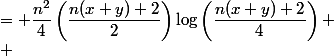 \begin{aligned}
 \\ &\dfrac{n^2}{4}(x+y)\log\left(\dfrac{n(x+y)}{2}\right) - \dfrac{n(x+y)}{4}\log(x+y) \
 \\ &\quad - \dfrac{n^2x}{4}\log\left(\dfrac{nx}{2}\right) - \dfrac{nx}{4}\log x - \dfrac{nx}{4}\log(2\pi) - \dfrac{n}{24(nx+1)} \
 \\ &\quad - \dfrac{n^2y}{4}\log\left(\dfrac{ny}{2}\right) - \dfrac{ny}{4}\log y - \dfrac{ny}{4}\log(2\pi) - \dfrac{n}{24(ny+1)} \
 \\ &\quad - \dfrac{n}{24(n(x+y)+2)} - f(x+y) \
 \\ &= \dfrac{n^2}{4}\left(\dfrac{n(x+y)+2}{2}\right)\log\left(\dfrac{n(x+y)+2}{4}\right) \
 \\ &\quad - \dfrac{n}{4}\left(\dfrac{n(x+y)+2}{2}\right)\log\left(\dfrac{n(x+y)+2}{2}\right) \
 \\ &\quad - \dfrac{n}{4}\left(\dfrac{nx+1}{2}\right)\log\left(\dfrac{nx+1}{2}\right) - \dfrac{n}{4}\left(\dfracy+1}{2}\right)\log\left(\dfrac{ny+1}{2}\right)
 \\ &\quad + \dfrac{n}{4}\log(2\pi) - \dfrac{1}{24}\left(\dfrac{1}{nx+1} + \dfrac{1}{ny+1} + \dfrac{1}{n(x+y)+2}\right) - f(x+y)
 \\ \end{aligned}