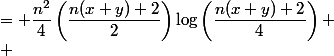 \begin{aligned} \\ &\dfrac{n^2}{4}(x+y)\log\left(\dfrac{n(x+y)}{2}\right) - \dfrac{n(x+y)}{4}\log(x+y) \ \\ &\quad - \dfrac{n^2x}{4}\log\left(\dfrac{nx}{2}\right) - \dfrac{nx}{4}\log x - \dfrac{nx}{4}\log(2\pi) - \dfrac{n}{24(nx+1)} \ \\ &\quad - \dfrac{n^2y}{4}\log\left(\dfrac{ny}{2}\right) - \dfrac{ny}{4}\log y - \dfrac{ny}{4}\log(2\pi) - \dfrac{n}{24(ny+1)} \ \\ &\quad - \dfrac{n}{24(n(x+y)+2)} - f(x+y) \ \\ &= \dfrac{n^2}{4}\left(\dfrac{n(x+y)+2}{2}\right)\log\left(\dfrac{n(x+y)+2}{4}\right) \ \\ &\quad - \dfrac{n}{4}\left(\dfrac{n(x+y)+2}{2}\right)\log\left(\dfrac{n(x+y)+2}{2}\right) \ \\ &\quad - \dfrac{n}{4}\left(\dfrac{nx+1}{2}\right)\log\left(\dfrac{nx+1}{2}\right) - \dfrac{n}{4}\left(\dfracy+1}{2}\right)\log\left(\dfrac{ny+1}{2}\right) \\ &\quad + \dfrac{n}{4}\log(2\pi) - \dfrac{1}{24}\left(\dfrac{1}{nx+1} + \dfrac{1}{ny+1} + \dfrac{1}{n(x+y)+2}\right) - f(x+y) \\ \end{aligned}