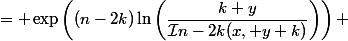 \begin{aligned} \mathcal{I}{n-2k}(x, y + k) &\approx \sin^{n-2k}(t_0) \cos^{k + y}(t_0) \displaystyle\int{-\infty}^{\infty} e^{-n\left(\dfrac{t-t_0}{\epsilon}\right)^2} dt \ &= \exp\left((n-2k)\ln\left(\dfrac{k+y}{\mathcal{I}{n-2k}(x, y+k)}\right)\right) \ &\approx \sin^{n-2k}(t_0) \cos^{k+y}(t_0) \displaystyle\int{-\infty}^{\infty} e^{-n\left(\frac{t-t_0}{\epsilon}\right)^2} dt \ &= \exp\left((n-2k)\ln\left(\frac{k+y}{x}\right) + (k+y)\ln\left(\frac{\cos (t_0)}{\sin (t_0)}\right) - n\ln\left(\frac{2\epsilon}{\pi}\right)\right) \end{aligned}