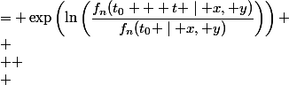 \begin{aligned} \\ \dfrac{f_n(t_0 + t \mid x, y)}{f_n(t_0 \mid x, y)} &= \exp\left(\ln\left(\dfrac{f_n(t_0 + t \mid x, y)}{f_n(t_0 \mid x, y)}\right)\right) \\ \\  \\ &= \exp\left(n x \ln\left(\dfrac{\sin(t_0 + t)}{\sin(t_0)}\right) + n y \ln\left(\dfrac{\cos(t_0 + t)}{\cos(t_0)}\right) \right) \\ \\  \\ &= \exp\left(-(x + y)n t^2 + \dfrac{x^2 - y^2}{3 \sqrt[2]{x y}}n t^3 -&nbsp;&nbsp;\left(\dfrac{5x + 5y}{12} + \dfrac{x^3 + y^3}{4x y}\right) n t^4 + n \mathcal{O}(t^5)\right) \\ \end{aligned}