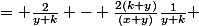 \begin{aligned} \phi'(k) &= \frac{(k+y)^2}{2(x+y)}\left[\frac{1}{y+k} - \frac{1}{k+y}\right] + \frac{1}{y+k} - \frac{(k+y)}{(x+y)}\left[\frac{1}{y+k} - \frac{1}{k+y}\right] \ &= \frac{2}{y+k} - \frac{2(k+y)}{(x+y)}\frac{1}{y+k} \ &= \frac{2(x-k)}{(x+y)(y+k)} \end{aligned}