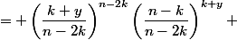 \begin{aligned}\sin^{n-2k}(t) \cos^{k + y}(t) &= \left(\dfrac{k+y}{n-2k}\right)^{n-2k}\left(\dfrac{n-k}{n-2k}\right)^{k+y} \ &= \exp\left((n-2k)\ln\left(\dfrac{k+y}{n-2k}\right) + (k+y)\ln\left(\dfrac{n-k}{n-2k}\right)\right)\end{aligned}