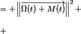 \begin{aligned}R^2 &= \left\|\overrightarrow{\Omega(t) M(t)}\right\|^2 \\\ \\ &= \left\|\overrightarrow{OM}(t) - \overrightarrow{O\Omega(t)}\right\|^2 \\\ \\ &= \left(f(t) \cos(\phi__{\mathcal{M}} - R \cos(\omega t)\right)^2 + \left(f(t) \sin(\phi_{\mathcal{M}}) - R\sin(\omega t)\right)^2 \\\ \\ R^2 = R^2 + f(t) \left(f(t) - 2R \cos(\omega t - \phi_{\mathcal{M}})\right) \\ \end{aligned}