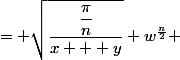 \begin{aligned}\mathcal{J}_n(x, y) &= \sqrt{\dfrac{\dfrac{\pi}{n}}{x + y}} w^{\frac{n}{2}} \ &= \sqrt{\dfrac{\dfrac{\pi}{n}}{x + y}} \left(\dfrac{x^x y^y}{(x + y)^{x + y}}\right)^{\frac{n}{2}} \ &= \sqrt{\dfrac{\dfrac{\pi}{n}}{x + y}} \exp\left(\dfrac{n}{2}\ln\left(\dfrac{x^x y^y}{(x + y)^{x + y}}\right)\right) \ &= \sqrt{\dfrac{\dfrac{\pi}{n}}{x + y}} \exp\left(\dfrac{n}{2}\left[x\ln\left(\dfrac{x}{x + y}\right) + y\ln\left(\dfrac{y}{x + y}\right) + \ln\left(\dfrac{\pi}{n(x + y)}\right)\right]\right)\end{aligned}