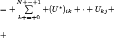 \begin{aligned}
 \\ (U^* \cdot U)_{ij} &= \sum\limits^{N - 1}_{k = 0} (U^*)_{ik} \cdot U_{kj} \\\
 \\ &= \sum\limits^{N - 1}_{k = 0} \left(\dfrac{1}{\sqrt{N}}V\left(1, \zeta^{-1}, \zeta^{-2}, \dots, \zeta^{1 - N}\right)\right)_{ik} \cdot \left(\dfrac{1}{\sqrt{N}}V\left(1, \zeta^{1}, \zeta^{2}, \dots, \zeta^{N - 1}\right)\right)_{kj} \\\
 \\ &= \dfrac{1}{N} \sum\limits^{N - 1}_{k = 0}  V\left(1, \zeta^{-1}, \zeta^{-2}, \dots, \zeta^{1 - N}\right)_{ik}  \cdot V\left(1, \zeta^{1}, \zeta^{2}, \dots, \zeta^{N - 1}\right)_{kj}
 \\ \end{aligned} 