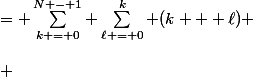 \begin{aligned} \sum\limits_{0 \le \ell < k \le N - 1} (k + \ell) &= \sum\limits^{N - 1}_{k = 0} \sum\limits^{k}_{\ell = 0} (k + \ell) \\\\ &= \sum\limits^{N - 1}_{k = 0}\left(\sum\limits^{k}_{\ell = 0} k + \sum\limits^{k}_{\ell = 0} \ell\right) \\\\ &= \sum\limits^{N - 1}_{k = 0}\left(k(k + 1) + \dfrac{k(k + 1)}{2}\right) \\\\ &= \dfrac{3}{2} \sum\limits^{N - 1}_{k = 0} k^2 + \dfrac{3}{2}\sum\limits^{N - 1}_{k = 0} k \\\\ &= \dfrac{N(N - 1)(2N - 1)}{4} + \dfrac{3N(N - 1)}{4} \\\\ &= \dfrac{N(N - 1)(N + 1)}{2} \end{aligned}