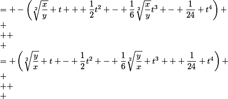 \begin{aligned}
 \\ \ln\left(\dfrac{\sin(t_0 + t)}{\sin(t_0)}\right) &= \left(\sqrt[2]{\dfrac{y}{x}} t - \dfrac{1}{2}t^2 - \dfrac{1}{6}\sqrt[2]{\dfrac{y}{x}} t^3 + \dfrac{1}{24} t^4\right) \\
 \\ 
 \\ &- \dfrac{1}{2} \left(\dfrac{y}{x}t^2 - \sqrt[2]{\dfrac{y}{x}} t^3 + \left(\dfrac{1}{4} - \dfrac{y}{3x}\right)t^4\right) \\
 \\ 
 \\ &+ \dfrac{1}{3}\left(\dfrac{y}{x}\sqrt[2]{\dfrac{y}{x}} t^3 + \dfrac{3y}{2x}t^4\right) \\
 \\ 
 \\ &- \dfrac{1}{4} \dfrac{y^2}{x^2}t^4 + \mathcal{O}(t^5) \\
 \\ 
 \\ \end{aligned} \\\
 \\ \begin{aligned}
 \\ \ln\left(\dfrac{\cos(t_0 + t)}{\cos(t_0)}\right) &= -\left(\sqrt[2]{\dfrac{x}{y}} t + \dfrac{1}{2}t^2 - \dfrac{1}{6}\sqrt[2]{\dfrac{x}{y}}t^3 - \dfrac{1}{24} t^4\right) \\
 \\ 
 \\ &- \dfrac{1}{2} \left(\dfrac{x}{y}t^2 - \sqrt[2]{\dfrac{x}{y}} t^3 + \left(\dfrac{1}{4} - \dfrac{x}{3y}\right)t^4\right) \\
 \\ 
 \\ &- \dfrac{1}{3}\left(\dfrac{y}{x}\sqrt[2]{\dfrac{x}{y}} t^3 + \dfrac{3x}{2y}t^4\right) \\
 \\ 
 \\ &- \dfrac{1}{4} \dfrac{x^2}{y^2}t^4 + \mathcal{O}(t^5) \\
 \\ 
 \\ \end{aligned}