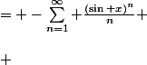 \begin{aligned} \\ \ln(1-\sin x) &= -\sum_{n=1}^\infty \frac{(\sin x)^n}{n} \\\ \\ &= -\sum_{n=1}^\infty \frac{(\mathrm{e}^{ix}-\mathrm{e}^{-ix})^n}{n\cdot 2^n} \\\ \\ &= -\sum_{n=1}^\infty \frac{1}{n\cdot 2^n} \sum_{k=0}^n {n\choose k} \mathrm{e}^{i(n-2k)x} \\\ \\ &= -\sum_{n=1}^\infty \frac{1}{n\cdot 2^n} \left(\mathrm{e}^{inx} + \sum_{k=1}^{n-1} {n\choose k} \cos\big[(n-2k)x\big]\right) \\\ \\ &= -\sum_{n=1}^\infty \frac{1}{n\cdot 2^n} \mathrm{e}^{inx} - 2\sum_{n=1}^\infty \frac{1}{n\cdot 2^n} \sum_{k=1}^{n-1} {n\choose k} \cos\big[(n-2k)x\big]. \\ \end{aligned}