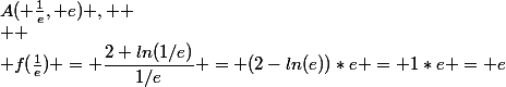 A( \frac{1}{e}, e) , 
 \\ 
 \\ f(\frac{1}{e}) = \dfrac{2+ln(1/e)}{1/e} = (2-ln(e))*e = 1*e = e