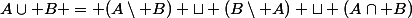 A\cup B = (A\setminus B) \sqcup (B\setminus A) \sqcup (A\cap B)