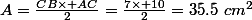 A=\frac{CB\times AC}{2}=\frac{7\times 10}{2}=35.5~cm^2