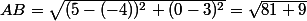 AB=\sqrt{(5-(-4))^2+(0-3)^2}=\sqrt{81+9}