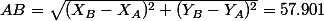 AB=\sqrt{(X_B-X_A)^2+(Y_B-Y_A)^2}=57.901