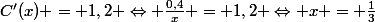 C'(x) = 1,2 \Leftrightarrow \frac{0,4}{x} = 1,2 \Leftrightarrow x = \frac{1}{3}