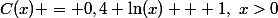 C(x) = 0,4 \ln(x) + 1,~x>0