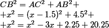 CB^2=AC^2+AB^2
 \\ x^2=(x-1.5)^2+4.5^2
 \\ x^2=x^2-3x+2.25+20.25