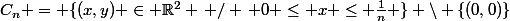 C_n = \{(x,y) \in \mathbb{R}^2 \, / \, 0 \le x \le \frac{1}{n} \} \setminus \{(0,0)\}