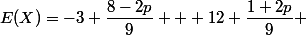 E(X)=-3 \dfrac{8-2p}{9} + 12 \dfrac{1+2p}{9} 