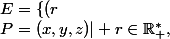 E=\{(r\,;\;P=(x,y,z)\vert r\in\R^*_+,\;x\in\R,\;y\in\R,\; z\in\R_-\}