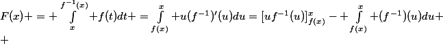 F(x) = \int_x^{f^{-1}(x)} f(t)dt =\int_{f(x)}^{x} u(f^{-1})'(u)du=[uf^{-1}(u)]_{f(x)}^x- \int_{f(x)}^{x} (f^{-1})(u)du
 \\ 