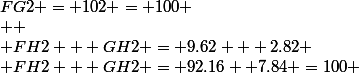 FG2 = 102 = 100
 \\ 
 \\ FH2 + GH2 = 9.62 + 2.82
 \\ FH2 + GH2 = 92.16 +7.84 =100 