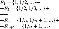 F_1=\{1,1/2,...\}
 \\ F_2=\{1/2,1/3,...\}
 \\ 
 \\ F_n=\{1/n,1/n+1,...\}
 \\ F_{n+1}=\{1/n+1,...\}