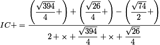cos\left(IB;IC \right)=\dfrac{\left(\dfrac{\sqrt{394}}{4} \right)+\left(\dfrac{\sqrt{26}}{4} \right)-\left(\dfrac{\sqrt{74}}{2} \right)}{2 \times \dfrac{\sqrt{394}}{4} \times \dfrac{\sqrt{26}}{4}}