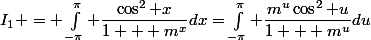 I_1 = \int^{\pi}_{-\pi} \dfrac{\cos^2 x}{1 + m^x}dx=\int^{\pi}_{-\pi} \dfrac{m^u\cos^2 u}{1 + m^u}du
