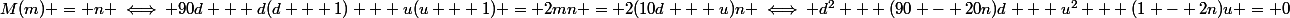 M(m) = n \iff 90d + d(d + 1) + u(u + 1) = 2mn = 2(10d + u)n \iff d^2 + (90 - 20n)d + u^2 + (1 - 2n)u = 0