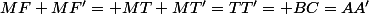 MF+MF'= MT+MT'=TT'= BC=AA'